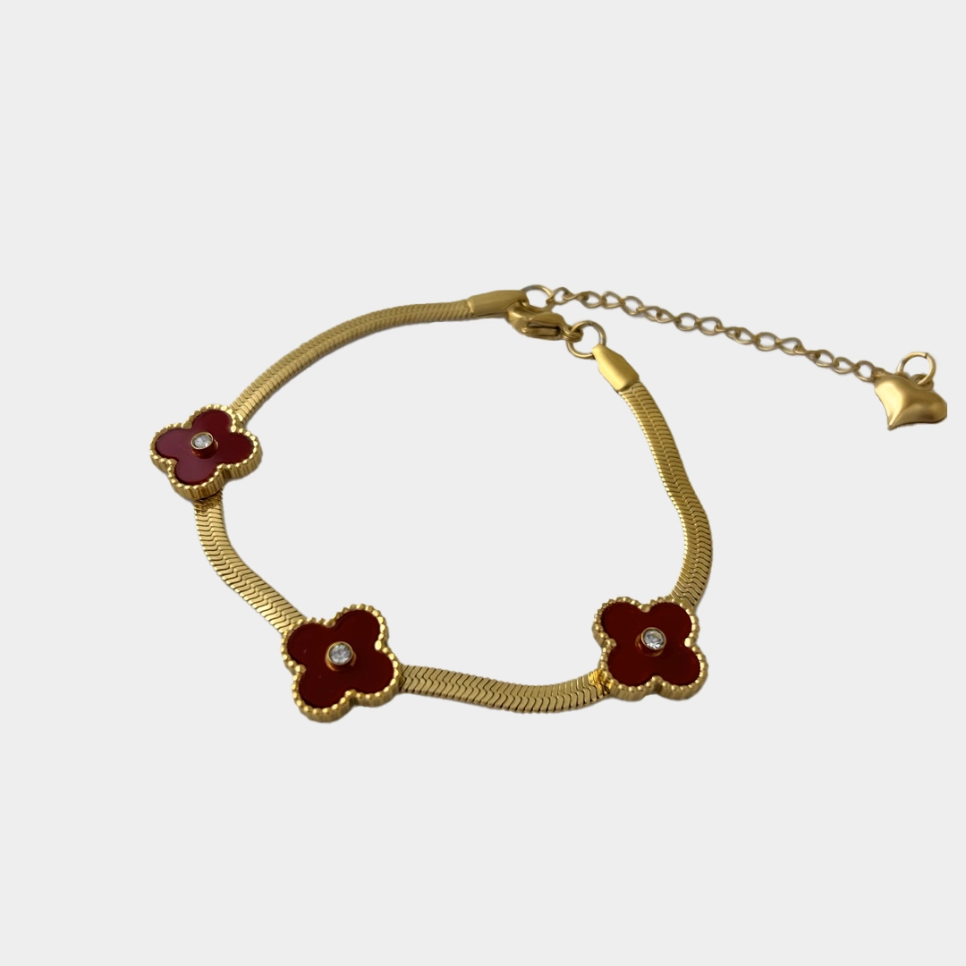 İtalyan Yonca Bordo Taşlı Altın Bileklik