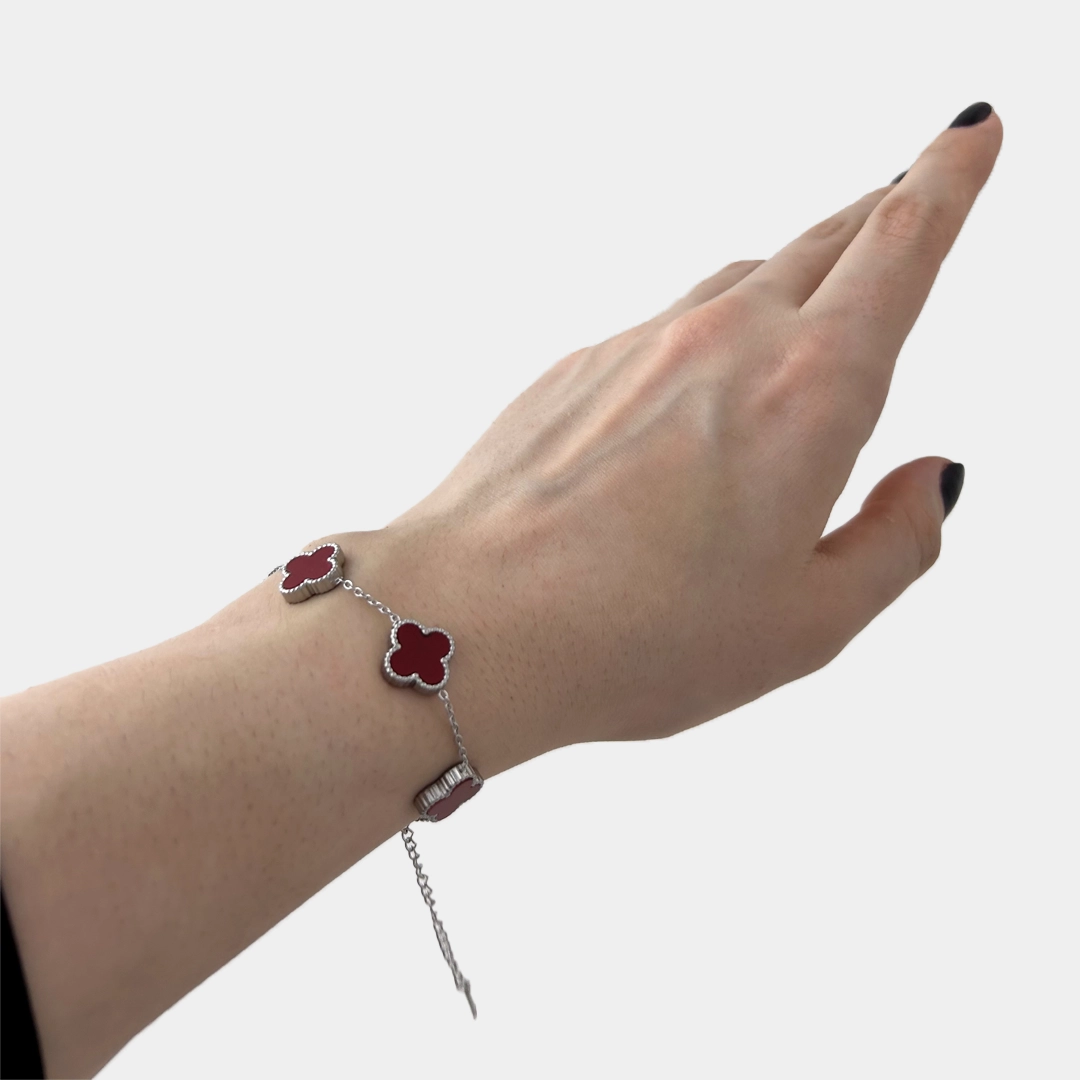 Bordo Yonca Gümüş Bileklik