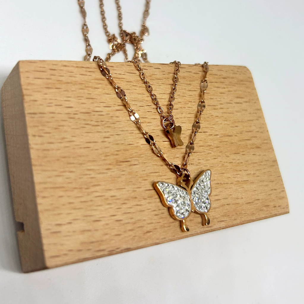 Taşlı Kelebek Rose Altın Singapur Kolye