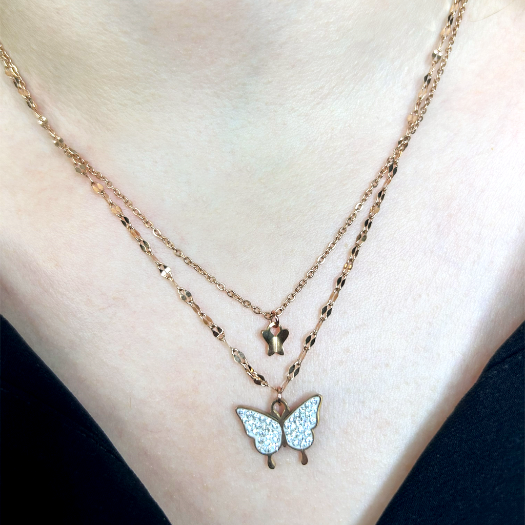 Taşlı Kelebek Rose Altın Singapur Kolye