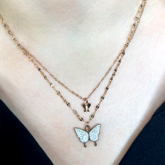 Taşlı Kelebek Rose Altın Singapur Kolye