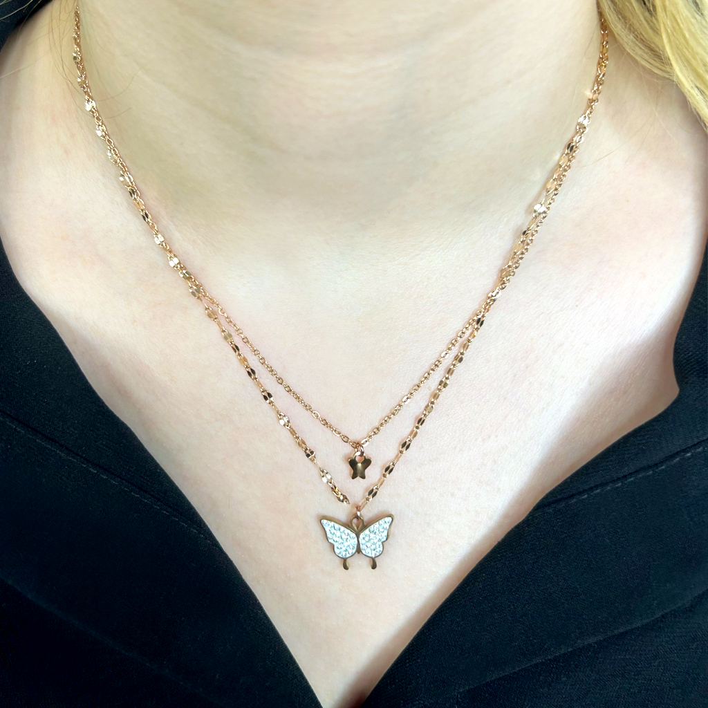 Taşlı Kelebek Rose Altın Singapur Kolye