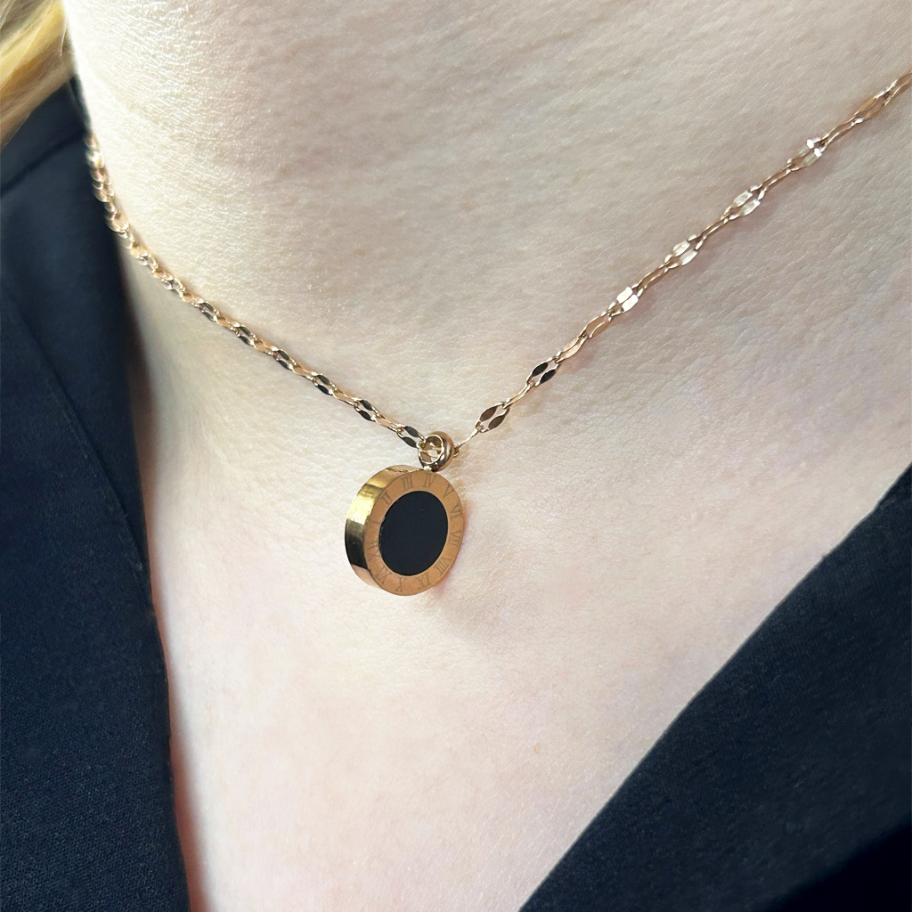 Çift Taraflı Siyah Beyaz Rose Altın Kolye