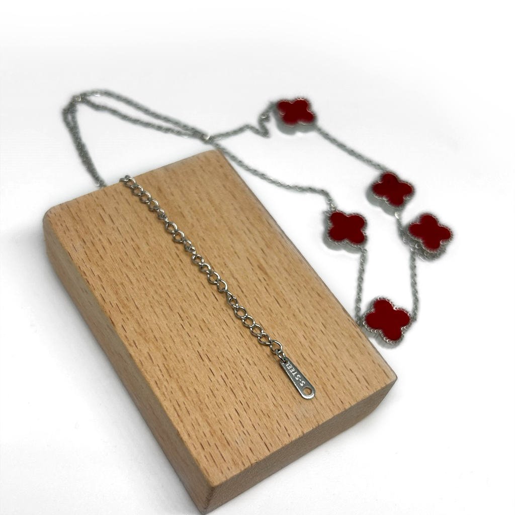 Beşli Yonca Bordo Altın Kolye