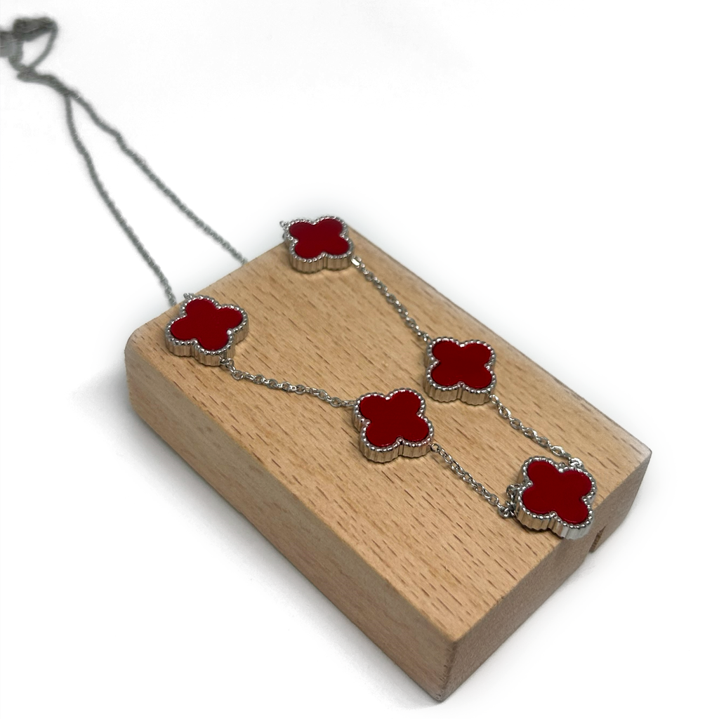 Beşli Yonca Bordo Altın Kolye